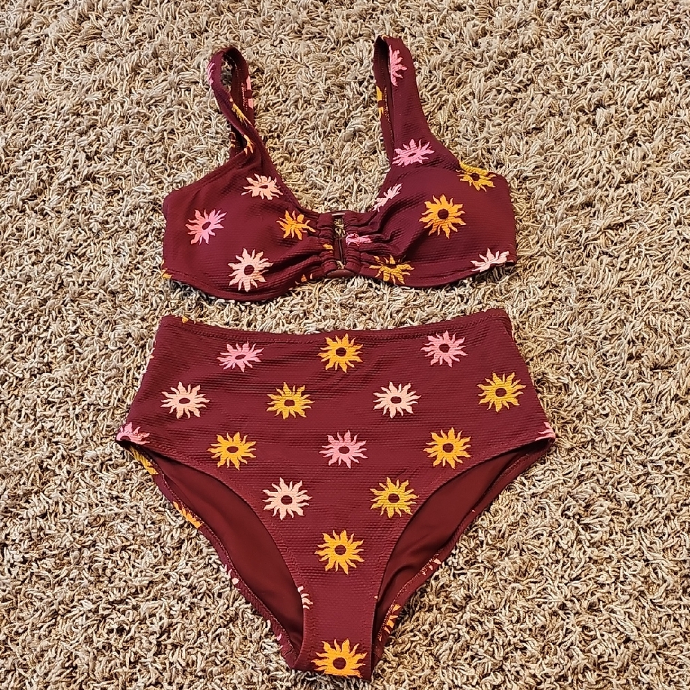 Old Navy Burgundy Bikini Set with Pink and Yellow Floral Print